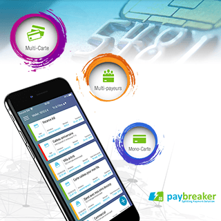 Paybreaker UX UI Mobile app qui génère des cartes bancaires virtuelles avec ses fonctionnalités mono-carte, multi-cartes, multi-payeurs